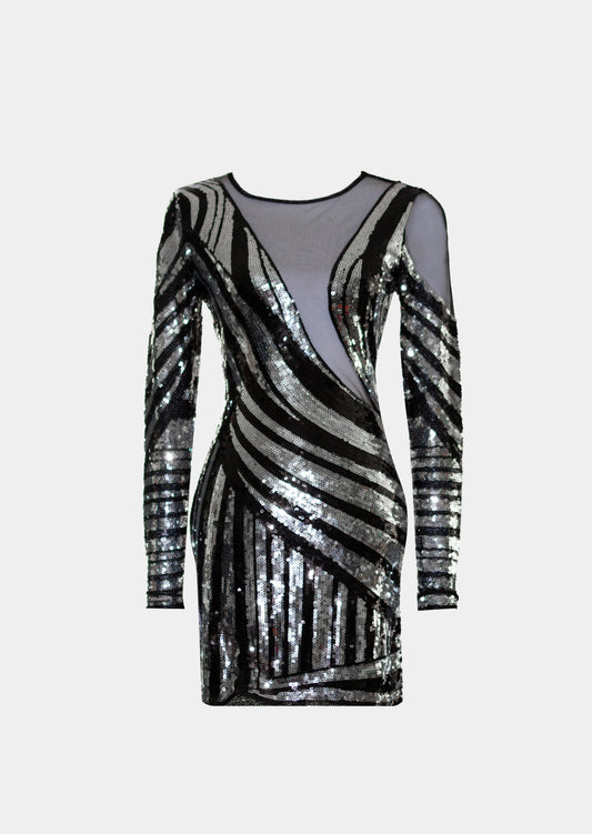 Cut out body-con black silver sequin dress