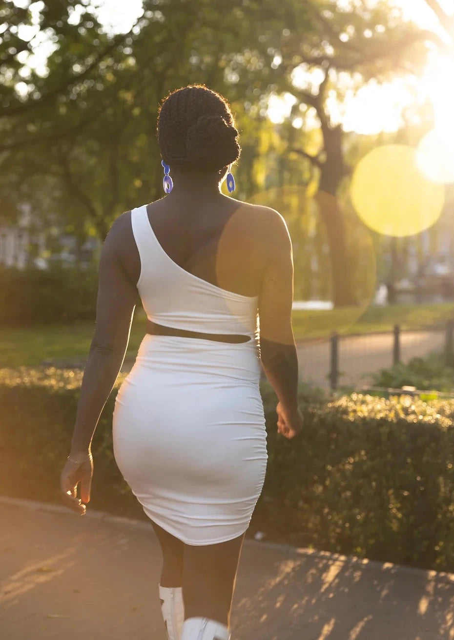 June one shoulder cut out white dress